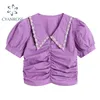 Sweet Turn-down Collar Women Blouses Tops Summer Pearl Purple Korean Style Shirt Elegant Wrinkled Fashion Mori Girl Ins Top 210515