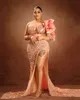 Seksi Yüksek Bölünmüş Mermaid Gelinlik Modelleri Uzun Kollu Sheer Boyun Kristal Boncuklu Artı Boyutu Abiyear Aso Ebi Kadınlar Parti Giyim