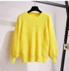 Kvinnor Två Piece Set Fashion Fall Winter Yellow Mohair Lancer Sleeve Pullover och Woolen Broderi Mini Skirt Set 211221