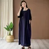 Johnature Vintage Loose Summer Dress Solid Color Batwing Sleeve O-neck Maxi Dress Pockets Clothes Women Dress 210521