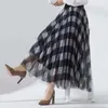 Anglia Plaid Tiul spódnica kobiety moda Koreańska szkoła sprawdzona w talii plisowana maxi spódnica Summer Siecika Streetwear 210619