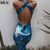 Kliou Laned Drukuj Maxi Sukienka Estetyczne Kobiety Sexy Basle Bodycon Suknia Kobieta Talia Kształtowanie Trend Summer Beach Style Odzież Y1204