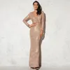 Casual Dresses Long Sleeve V Neck Evening Party Dress Stretch Champagne Gold Bodycon Wrap Maxi 2021 Spring