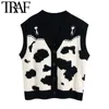 TRAF Women Fashion Oversized Animal Strikkad Vest Tröja Vintage Ärmlös Button-Up Kvinna Waistcoat Chic Toppar 210415