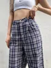 Vitage 90s Check Gingham Plaid Wide Leg Pants Woman High Waist Full length Causal Trousers Cool girl Loose Long Home 210429