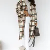 Fashion Designer Women Wool Long Coat Button Lapel Casual Warm Plaid Woolen Jacket Blends Clothing 2022