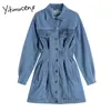 Yitimuceng Denim Mini Jurk Damesmode Kleding Lente A-lijn Lange Mouw Vintage Button Streetwear Koreaanse korte jurken 210601