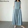 Nomikuma casual moda algodão linho macacão mulheres sólida cor mangas perna perna macacão coreano feminino 3c118 210514