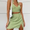 Jocoo Jolee Women Summer Two Pieces Sets Sexy Halter V-Neck Sweet Plaid Tank Top and Split Skinny High Waist Mini Skirt 210518