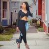 Sexig Cool Girl 2 Piece Outfits för Kvinnor Kläder uppsättningar Deep V Neck Stacked Crop Top + Denim Patchwork Bodycon High Waist Pants 210525