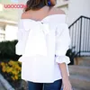 UGOCCAM Frauen Weg Schulter T-shirt Laterne Hülse Rüschen Sexy Sommer Weiß Casual Plus Größe Top blusas de mujer 210623