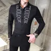 Wiosna Casual Mężczyźni Koszula Haftowane litery Z Długim Rękawem Sukienka Koszule Slim Fit Streetwear Work Socjalny Ubrania Bluzka Homme 210527