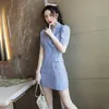 Blue Plaid Mini Dress for women Summer Short Sleeve notched cotton Blazer Dresses Ladies Sexy Office 210602