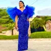 Aso Ebi 2022 Royal Blue guaina abiti da sera con paillettes per le donne maniche a sbuffo glitter lunghi abiti da festa formale plus size abito da ballo aderente africano cocktail