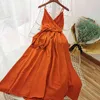 Korobov Coreano Solid Beach Style Spaghetti Strap Dress Vintage Fashion V Neck High Waits A-Line Abiti Bohemian Vestidos Femme 210430
