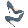 Леди темно -голубой темно -синий кристалл заостренные пальцы на высоких каблуках туфли туфли насосы туфли Скут Стилетто Хил8967567