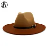 Beige Camel Wool Jazz Hat Women Män kände sig breda brimhattar Trilby Ladies Vintage Gradient Panama Fedora Cap med Belt Buckle262f