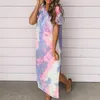 Casual Boho Beach Jurken Womens Tie-Dye Gedrukt O-hals Party Zomer Maxi Jurk Sexy Split Korte Mouw Losse Lange 2021