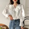 Moda Ruffles Vintage Beyaz Bluz Kadın V Yaka Dantel Zarif Flare Kollu Pamuk Gömlek Blusas 11271 210512