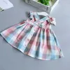 Gros été fille robe tarif manches Plaid coton jarretelles boutons décontracté enfants vêtements 2-6Y LT003 210610