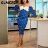 Women Long Sleeve Off Shoulder Plaid Dress Slim Classy Ladies Midi Dresses 210702