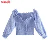 Tangada Women Retro Blue Palid Pleated Off Shoulder Blouse Shirt Puff Long Sleeve Chic Female Shirt Tops 3H454 210609