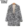 TRAF Women Fashion Single Button Animal Print Blazer Coat Vintage Long Sleeve Pockets Female Outerwear Chic Veste Femme 210415
