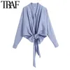 Traf Women Fashion with Bow Tie Randig Wrap Blue Vintage V Neck Long Sleeve Female Shirts Blusas Chic Tops 210415