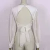 Vintage Sheer Lantern Sleeve Blouse Shirts Dames Sexy Backless Lace Up Blouse Tops V-hals Dames Blusas Crop Tops 210415
