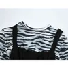 Kvinnor Zebra Tryck Bodycon Crop T Shirt och Strap Vest Outfits Spring Långärmad Tees Party Club Bar Tide E-Girl Mantel Top 210417