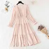 Spring Summer Cotton Linen Dress Women Solid V-neck Elastic Waist Rufflea Dress Vintage Party Vestidos High Quality 210521