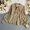 Women Early Autumn Shirt Long-sleeved Design Loose Japan Korean Style Printed Bow Chiffon Female Blusa Tops GX1104 210507