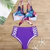 Women's Swimwear Summer Sexy Print Violet 2021 Cross Mesh Strap Halter Two Piece Swimsuit Women High Waist Bikini