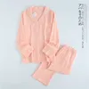 Japanese cotton crepe men's long-sleeved + trousers pajamas spring and autumn thin couple home service suit ladies 210809