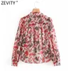 Kobiety Moda O Neck Flower Print PathCwork Szyfonowa Smock Bluzka Biuro Panie Koszule Chic Blusas Topy LS7373 210416