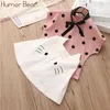 Baby Summer Clothing Fashion Bow Tie Dot T-shirt + Cat Paraply Kjol Barnens kostym Tecknad Klänning Kläder Set 210611