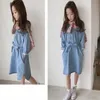 Verão Adolescentes Menina Dress Denim Blue Colors Botas Botas Big com Cinto Crianças Roupas E121 210610