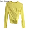 Nomikuma Arrival Folds Design Oregelbundna Tshirt Kvinnor O Neck Långärmad T-shirts Solid Färg Koreanska Toppar Kvinna Tees 3B416 210514