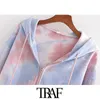 TRAF Women Fashion Tie-dye Print Zip-up Cropped Sweatshirts Vintage Hooded Long Sleeve Female Outerwear Chic Tops 210910