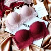 red Brassiere Deep V Sexy Bra Set Push Up Women Underwear Set Cotton 1/2 Cup Bras Wire Free Lace adjustable Lingerie Set 211116