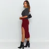 Gratis Mode Kvinnor Midi Skirt Striped High Waist Sexig Split Elastic Burgundy Bodycon Pencil 210524