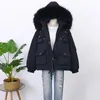 겨울 여성 90 % 하얀 오리 두꺼운 파카 후드 따뜻한 겉옷 큰 천연 너구리 모피 재킷 210430