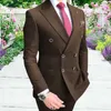 더블 브레스트 슬림 피트 남자 정장을위한 정장 2 조각 웨딩 턱시도 슈팅 된 옷깃 회색 남자 패션 의상 재킷 바지 x0608
