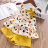 Humor Bear Baby Summer New Clothing Fashion Bow Tie Dot T-shirt +Cat Umbrella Skirt Children's Suit Cartoon Dress Clothes Set X0902