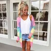 Sweter z dzianiny Rainbow Sweter Cardigans Kobiety Vintage Stipe Długa Jesień Zima Przyczynowe Hollow Out Pink Cardigan 210427