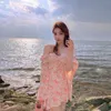 Vintage Fairy Dres Летняя мини-квадратный воротник ремень цветочные женские длинные рукава дизайн пляжа повседневная вечеринка 210604