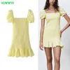 Summer Yellow Textured Ruffle Mini Dress Women Fashion Slim Elastic Smocked Club Woman Short Puff Sleeve Vestidos 210430