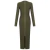 High Quality Women's Army Green Sexy Tight V-neck Long Sleeve Shoulder Rayon Bandage Celebrity Party Dress 210527