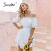 Elegante kurze Kleider mit Spitze, schulterfrei, sexy, weiße Frau, Sommerurlaub, Modedesign-Kleid 210414