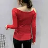 Frühling Herbst koreanischen Stil T-Shirt Mode glänzend Slash Neck Mesh Diamanten Frauen Tops Sexy Back Ropa Mujer dehnbare T-Shirts T09130L 210401